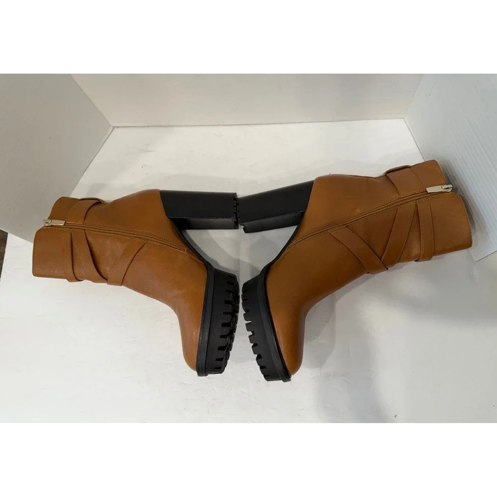 Vince Camuto Brown Buckle Strap Lug Sole Platform Block Heel Zip Ankle Boots 10M